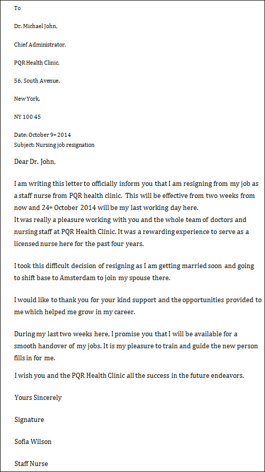 Example Nurse Resignation Letter