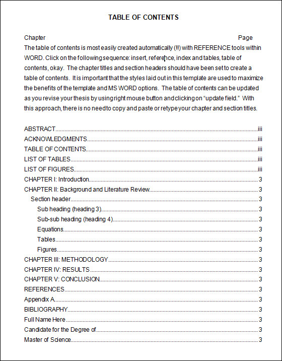 master thesis table of contents template in word