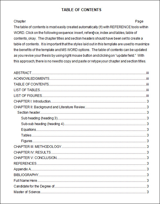 format table of contents word