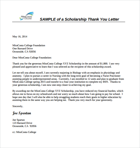 Scholarship Thank You Letter 11+ Download Documents in
