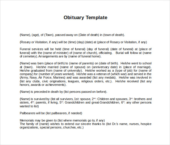 free samples of obituaries