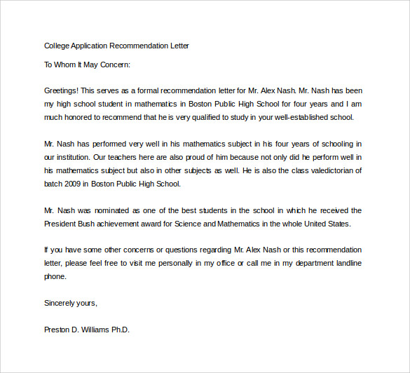 Sample College Recommendation Letter - 14+ Free Documents ...