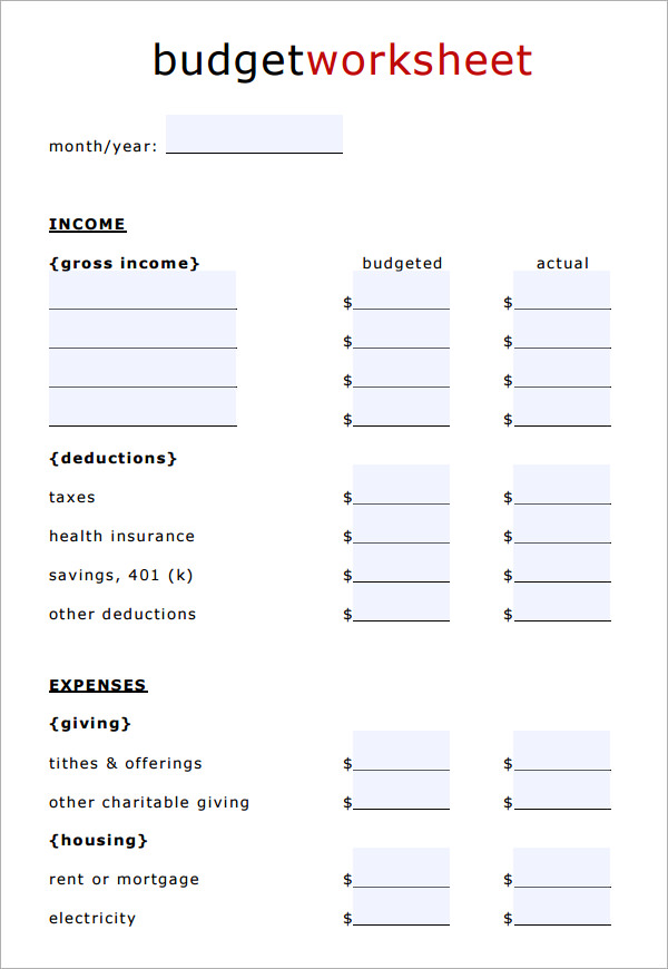 free printable monthly household budget worksheet