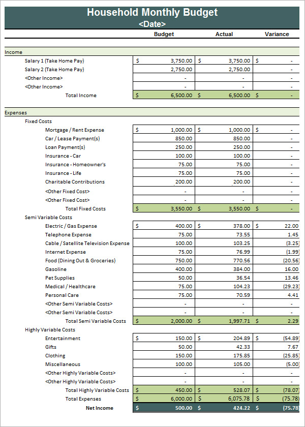 household budget budget spreadsheet sample