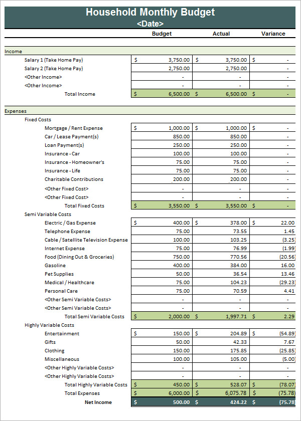 household budget list template