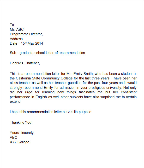 Letter of recommendation for student sample templates