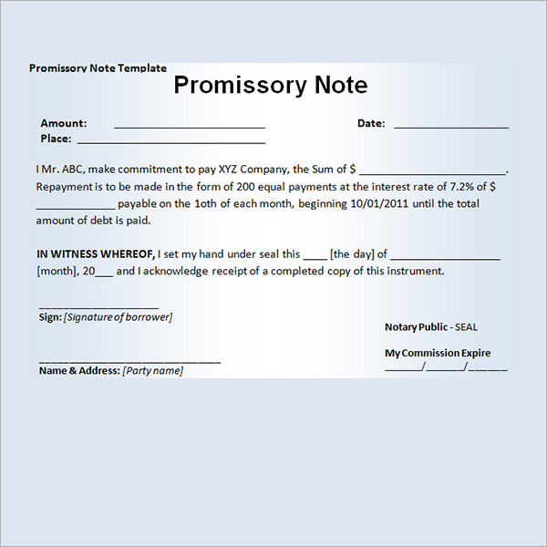 Microsoft Excel Promissory Note Template