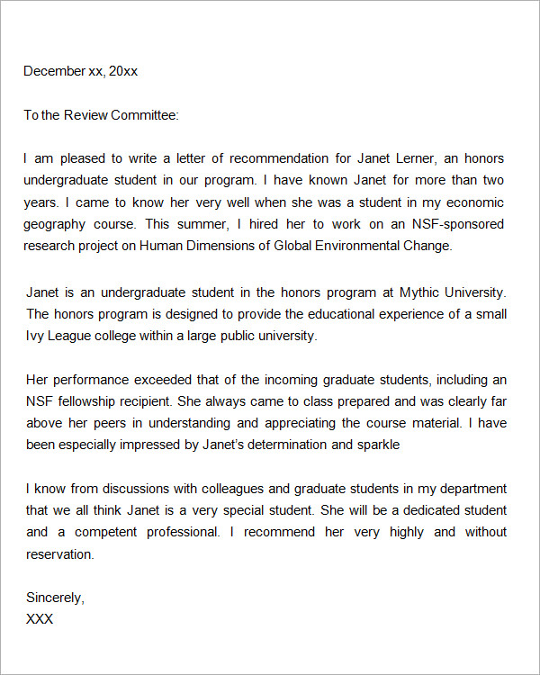 Letter Of Recommendation For Nursing Graduate School Example