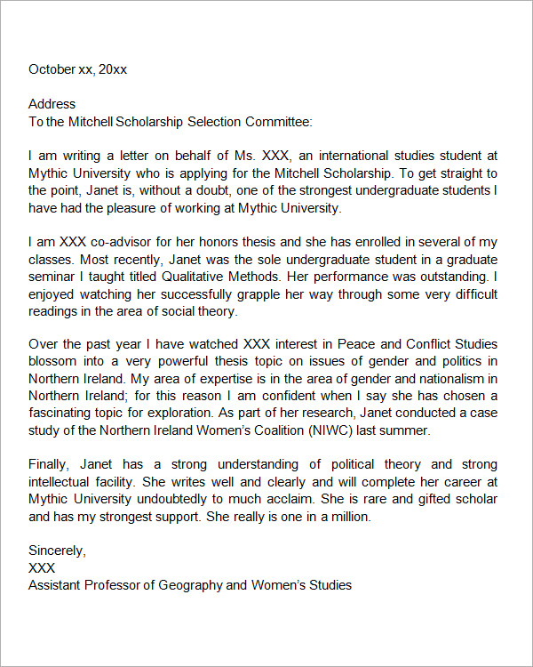 Letter Of Recommendation Template For Student Scholarship