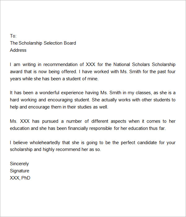 Example Of A Reference Letter For A Scholarship