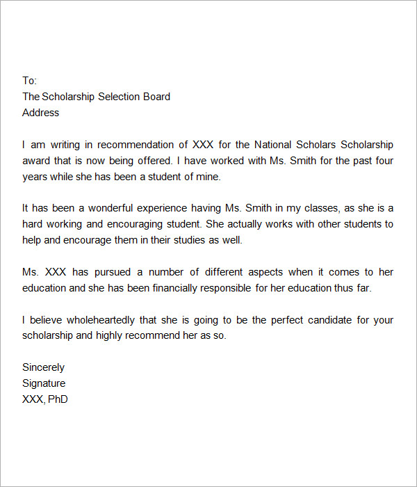 Examples Of Scholarship Recommendation Letters