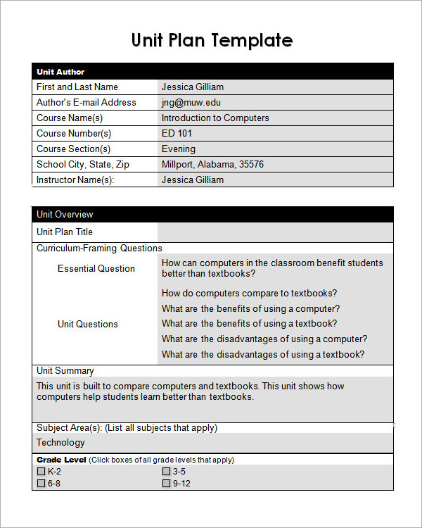 Unit Plan Outline Example