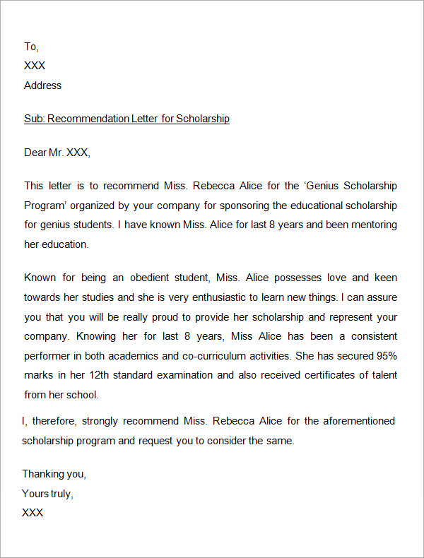 Reference Letter Format For Scholarship