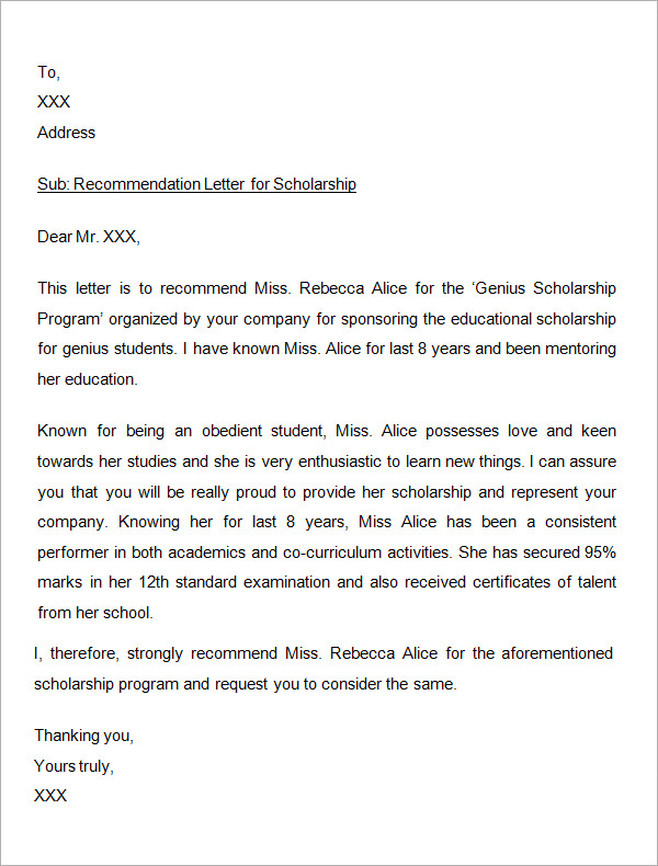 Sample Letter of Recommendation for Scholarship - 10+ Free ...