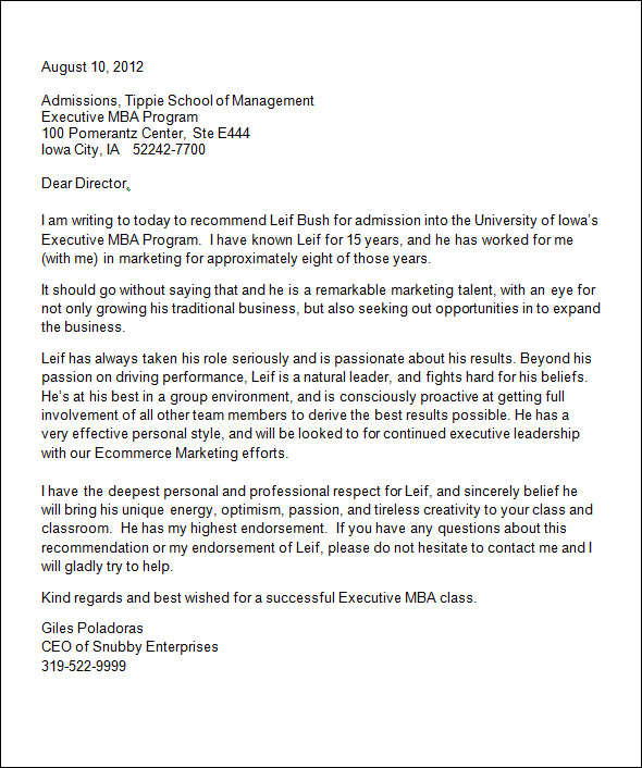 Recommendation letter for student admission