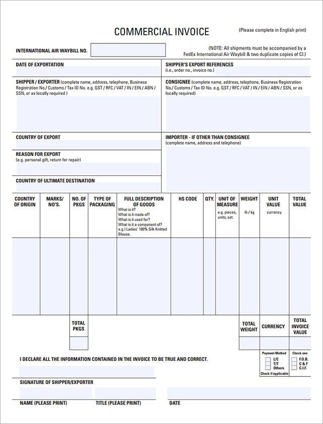 export commercial invoice template