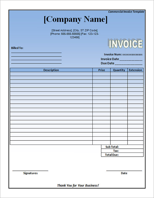 ms word commercial invoice template