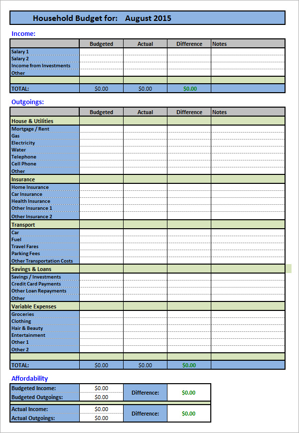 Household Budget Template Printable