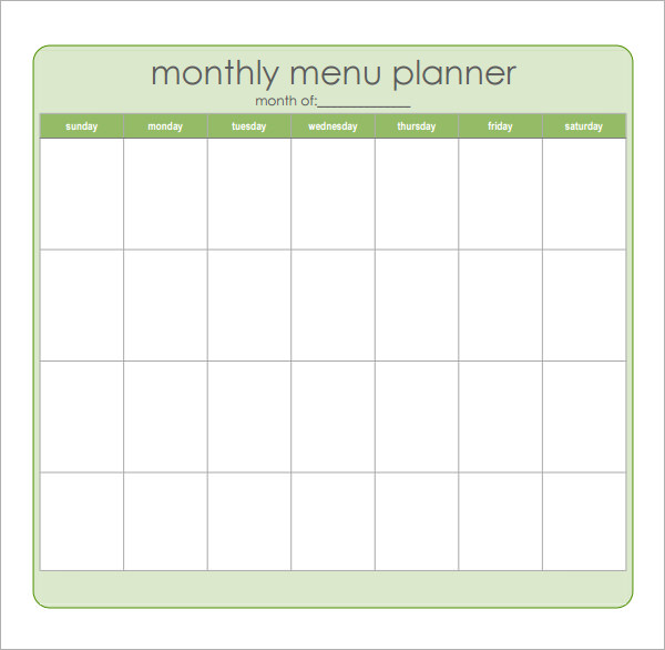 monthly menu calendar template