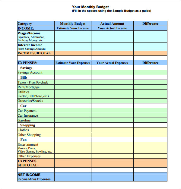 personal monthly budget template