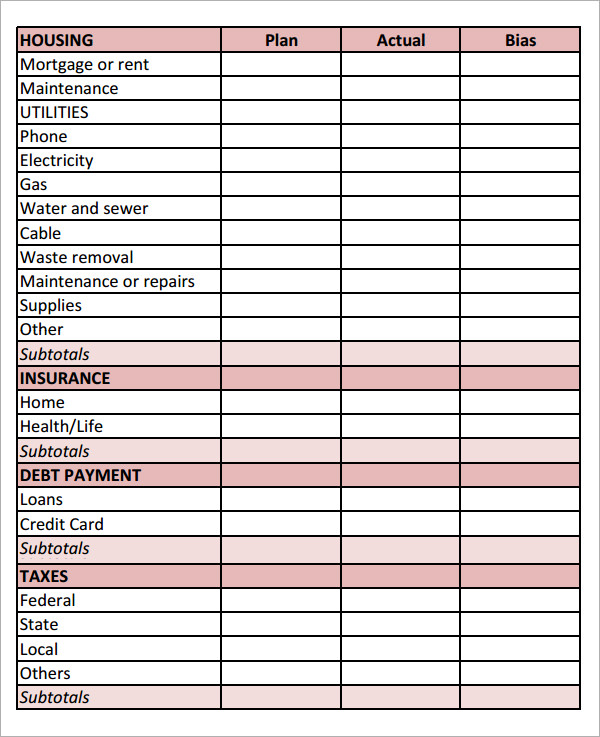 monthly expenses budget template