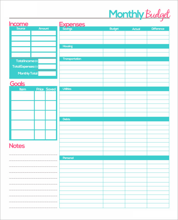 free printable personal budget template