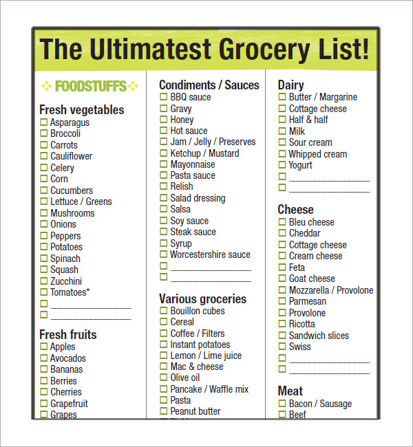 Free Printable Grocery List Templates Sample Templates