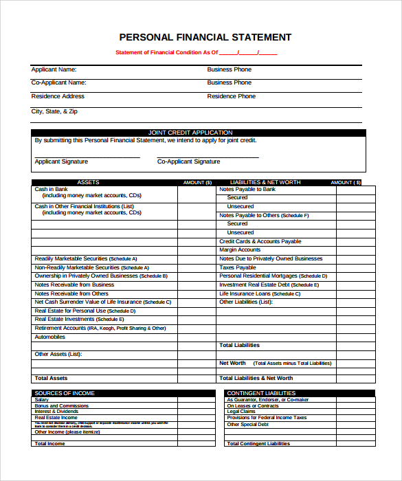 Personal financial statement template free download
