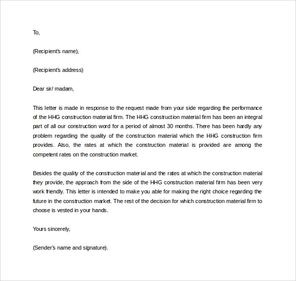 letter of recommendation template business