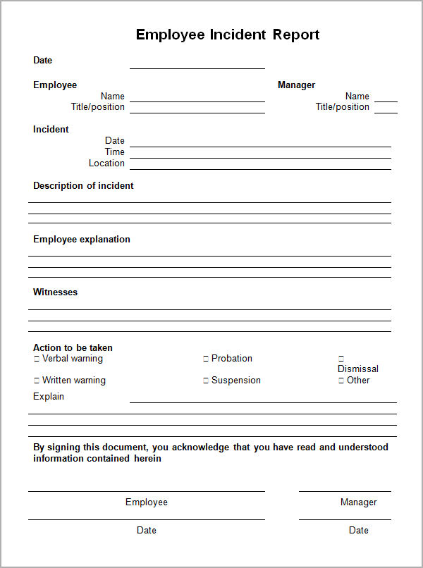 Employee Incident Report Templates