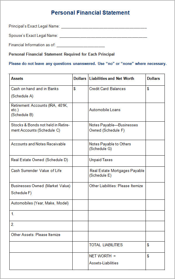 Personal financial statement template free download