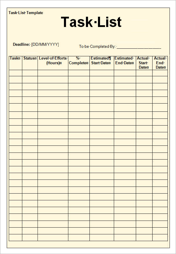 Daily Task List Template Free Download