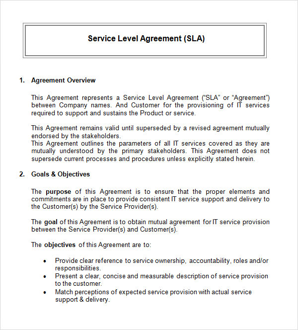 It Service Level Agreement Template Word