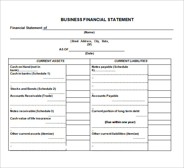 Sba Financial Statements Templates