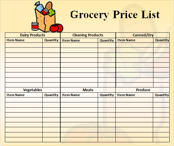 Grocery Price List Template Excel