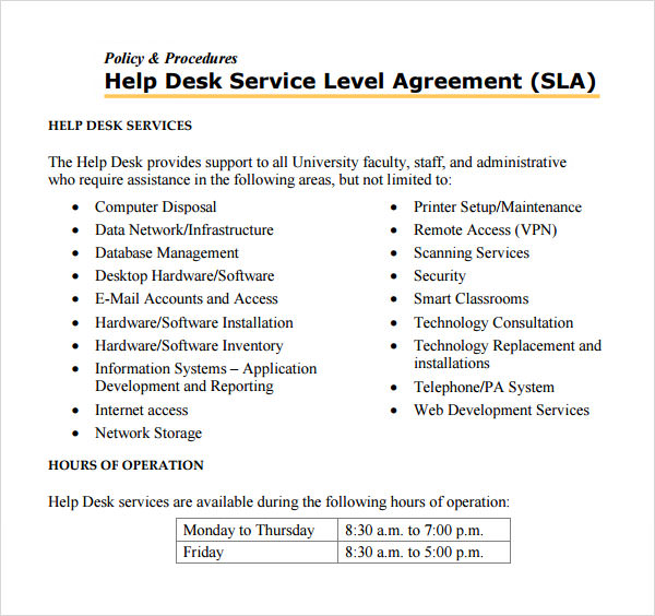 Information Technology Service Level Agreement Template