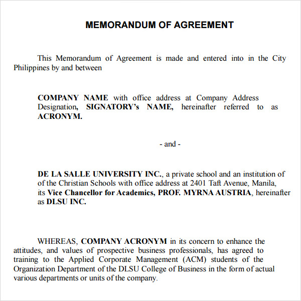 Memorandum of Agreement (MOA) Template