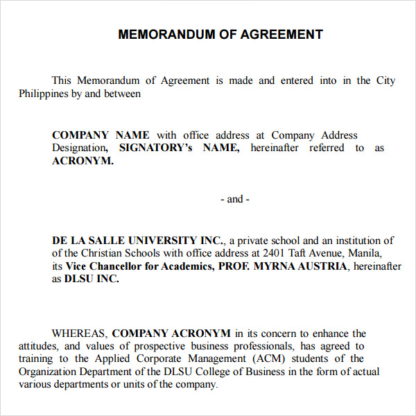 memorandum of agreement format