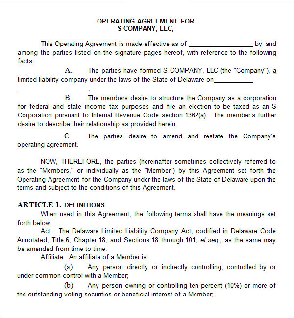 llc s corp operating agreement template