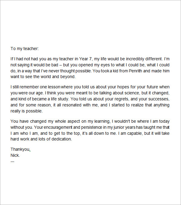 6+ Thank You Letter To Teacher Sample Templates