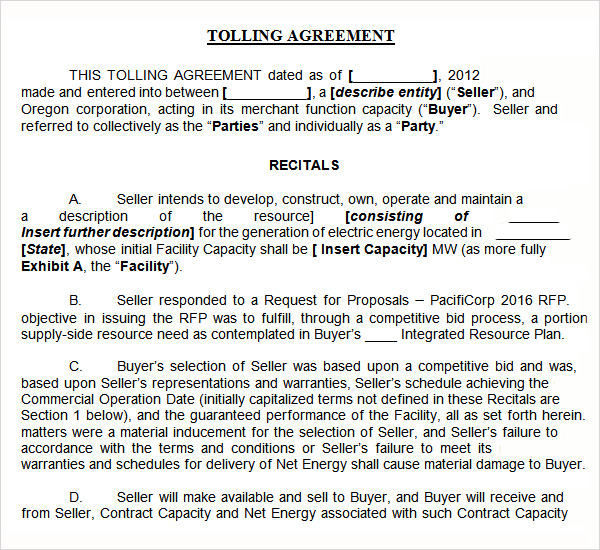 tolling agreement power Sample