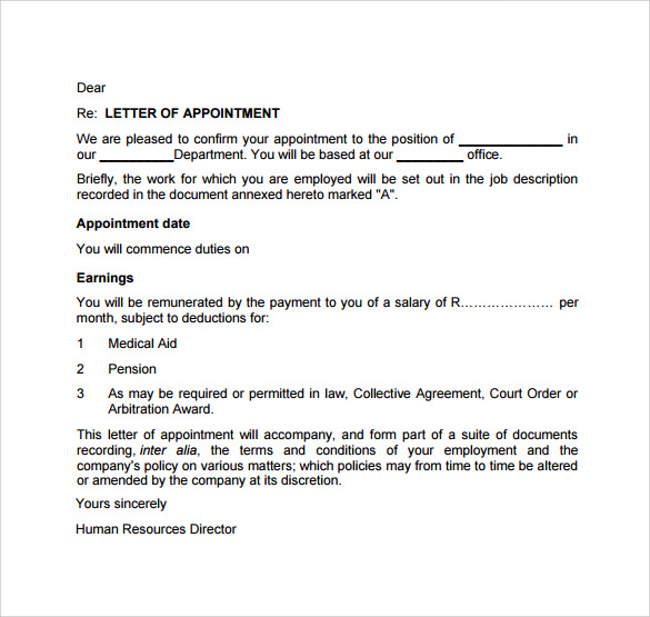 Letter Of Appointment Template Free Download