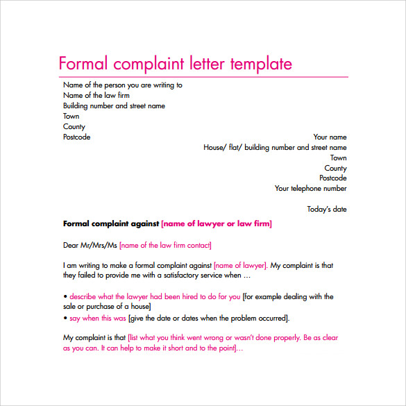 Formal Letter Of Complaint To Employer Template