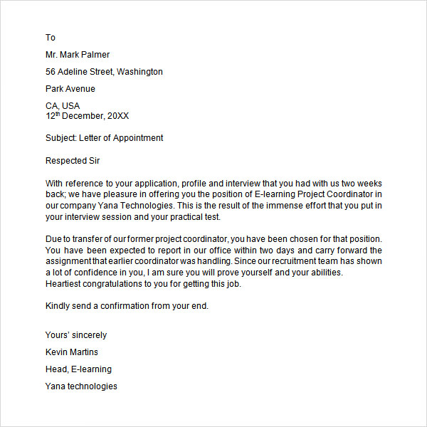 Free Sample Appointment Letter Templates In Pdf Google Doc