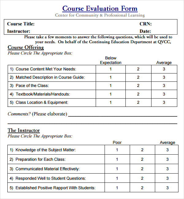 Course Evaluation Questions Template