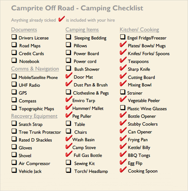 Camping Checklist 8+ Free Download for Word , Excel , PDF