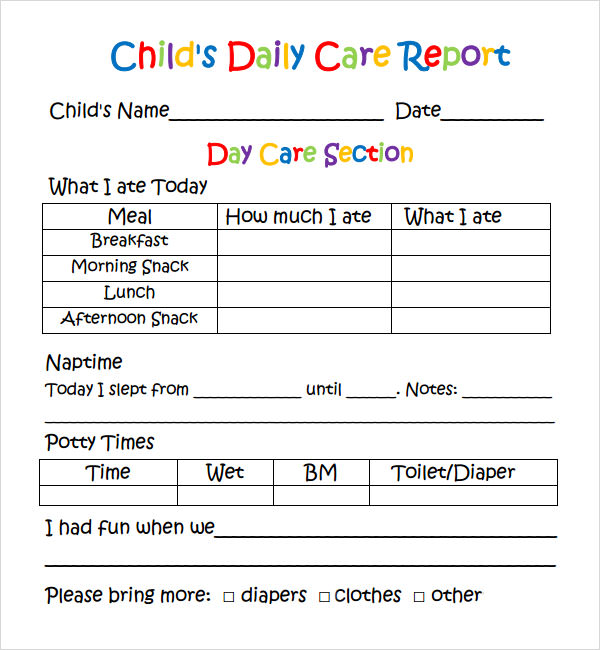 Daycare Infant Daily Report Template Business Design Layout Templates