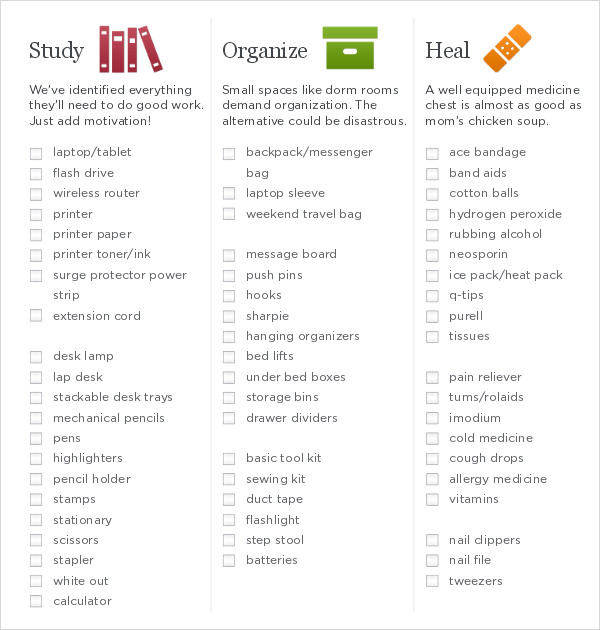 printable dorm room checklist