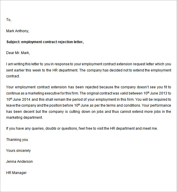 Employment Contract Rejection Letter