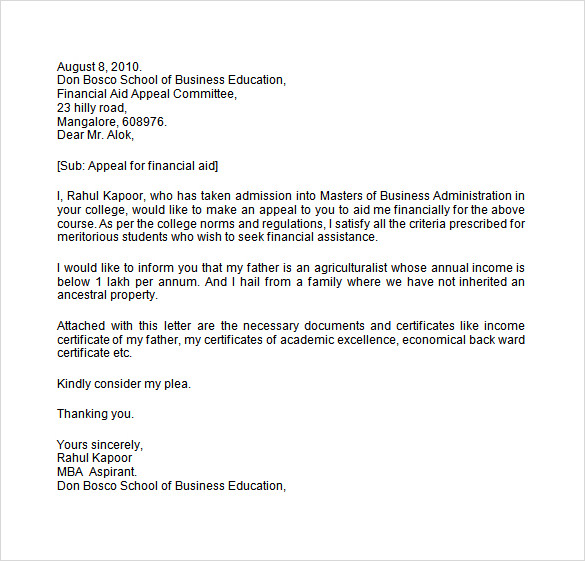 Sample Financial Aid Appeal Letter 7 Free Documents Download In Word 